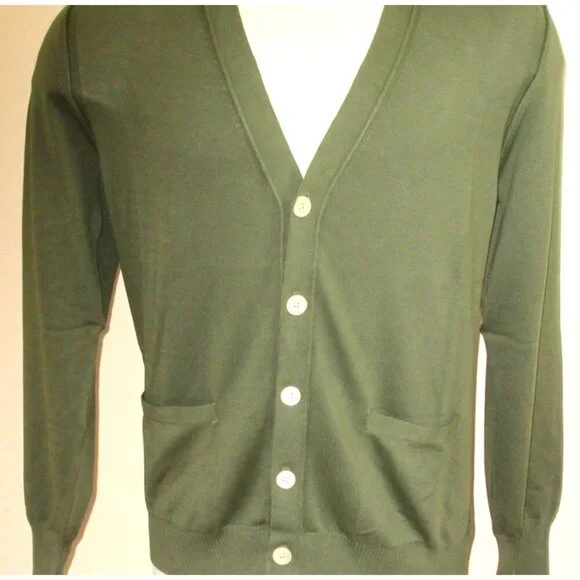 OOBE Brand Men's Ashworth Cotton Cardigan Italian Made Sweater Militaire Green - Picture 2 of 7